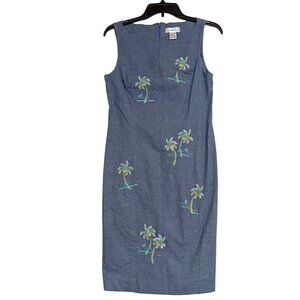 Vintage Kenji Embroidered coconut Palm Tree Denim Color Dress S